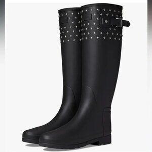 New Hunter Refined Black Stud Cuff Tall Rain Boots Waterproof Wellington  Wellie